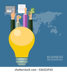 Vector Businessman brainstorming for ideas Modern communication technologies bulb mobile tablet world map flat design