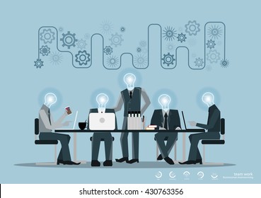 Vector businessman brainstorming ideas for a notebook, pen, pencil diary file the bulb icon and a cup of coffee flat design