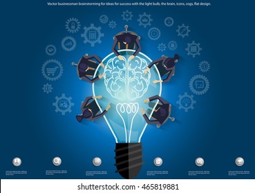 Vector businessman brainstorming for ideas for success with the light bulb, the brain, icons, cogs, flat design.