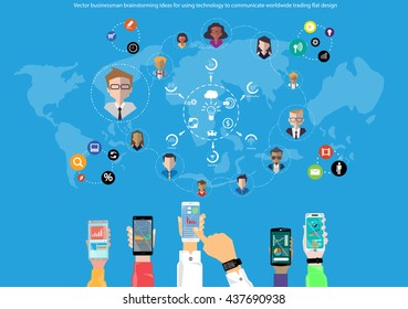 Vector businessman brainstorming ideas for using technology to communicate worldwide trading with a mobile phone flat design 