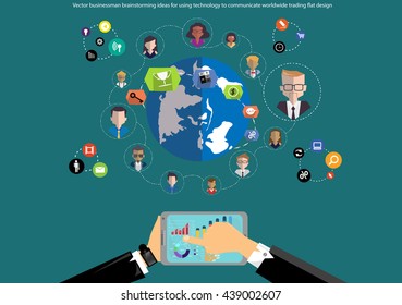 Vector businessman brainstorming ideas for using technology to communicate worldwide trading with Tablet flat design