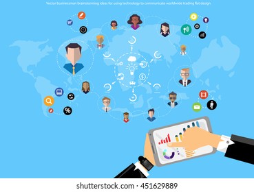 Vector businessman brainstorming ideas for using technology to communicate worldwide trading with Tablet flat design