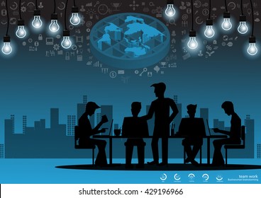 Vector businessman brainstorming ideas for a world light bulbs and icons flat design