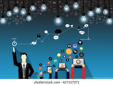 Vector Businessman brainstorming on technology for success with Mobile, tablet, notebook computers, and various icons flat design