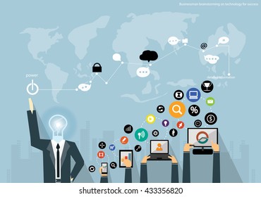 Vector Businessman brainstorming on technology for success with Mobile, tablet, notebook computers, and various icons flat design