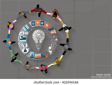 Vector businessman brainstorming together to accomplish the same goal with a lamp and icons  flat design