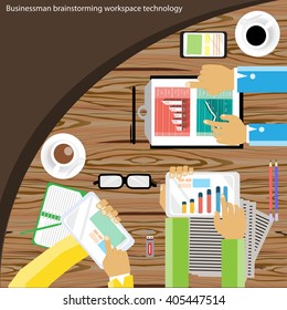 Vector Businessman brainstorming workspace technology