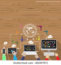 Vector Businessman brainstorming workspace technology