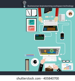 Vector Businessman brainstorming workspace technology flat design
