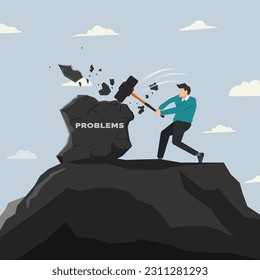 Vector businessman breaking rock of PROBLEMS by hammer design illustration