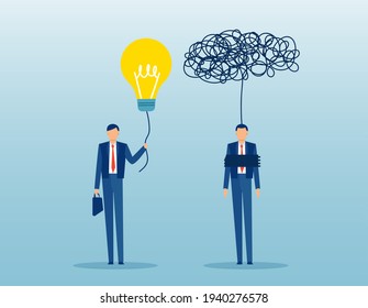 Vector of a businessman with bright idea vs a confused trapped in mental block man