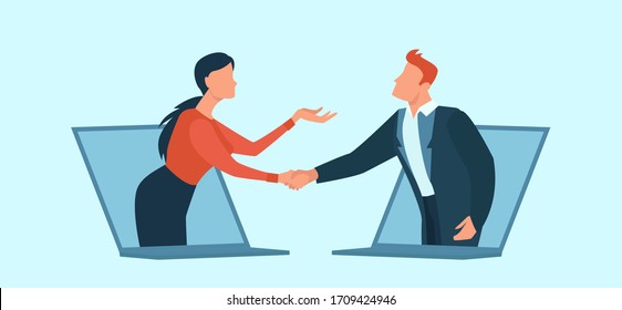 Vector of a businessman and businesswoman communicating online having agreement and shaking hands. 