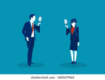 Vector of a businessman and businesswoman looking at each other through magnifying glasses. 