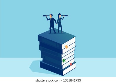 Vector of a businessman and businesswoman looking through a spyglass in opposite direction standing on stack of books. Business vision and education concept