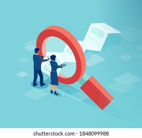 Vector Of Businessman And A Businesswoman Looking Through A Magnifying Glass At Financial Document