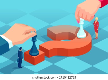 Vector of a businessman and businesswoman moving chess pieces on red question mark negotiating strategic decisions.