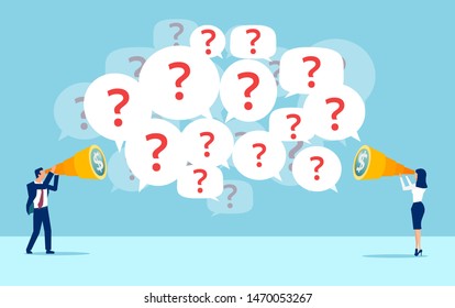 Vector of businessman and businesswoman searching for financial opportunities have many questions 