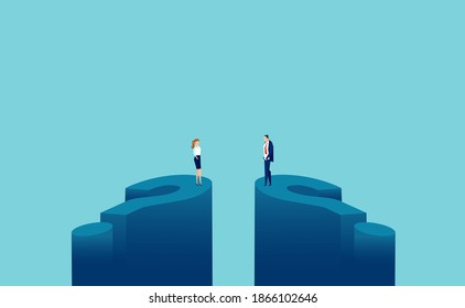 Vector of a businessman and businesswoman standing on big question marks and looking at each other 