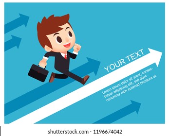 Vector businessman carrying briefcase and running on the arrow, business concept