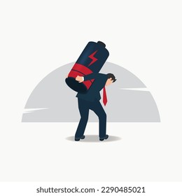 Vector businessman carrying the low battery. Tired and overworked illustration