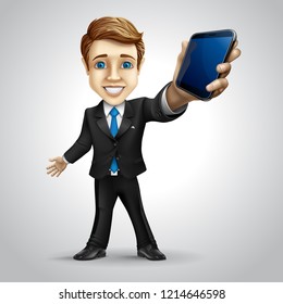 Vector businessman cartoon character holding the telephone in his hand.