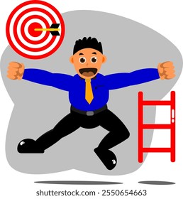 Vector businessman celebrating beside stairs with bullseye target above successful hit laughing happiness motivation achievement illustration