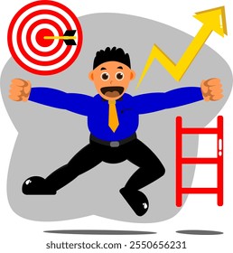 Hombre de negocios de Vector que celebra el éxito de su carrera cerca de las escaleras con Bullseye Target Hit Laughing Joy Gold Growth Chart Motivación Logro Ilustración