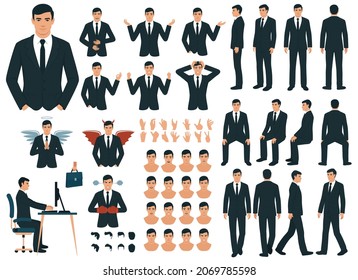 Vector businessman character casual poses set in flat style. Full length, gestures, emotions, front, side, back view.