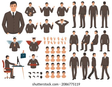 Las poses casuales del personaje de un empresario vectorial son de estilo plano. Largo, gestos, emociones, frente, lado, retrovista.