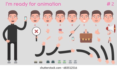 Vector businessman character for creating scenes.  Parts of the body template for animation and design. Vector illustration in a flat style.