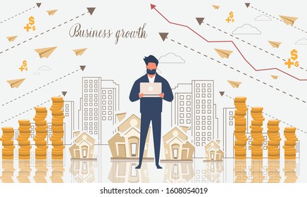 vector businessman character flat in leader concept with growth of business in strategy idea, illustration plan to success design 