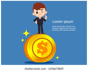 Vector businessman character standing on giant golden coin, business concept