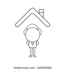 Vector businessman character standing under house roof. Black outline.
