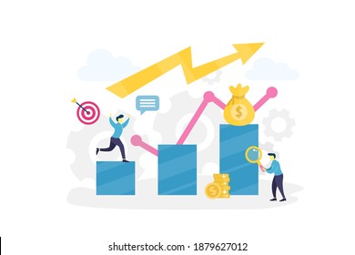 Vector businessman climbing up the column of columns, move up motivation. Business people running down to the goal on the stairs. Partnership, leadership or team work concept. Flat illustration