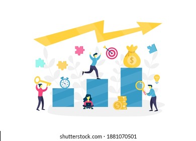 Vector businessman climbing up the column of columns, move up motivation. Business people running down to the goal on the stairs. Partnership, leadership or team work concept. Flat illustration
