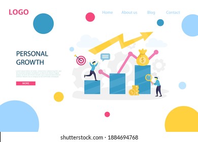 Vector businessman climbing up graph columns, motivation concept. Business person running up to the goal on the stairs. Partnership, leadership or team work concept. Flat illustration