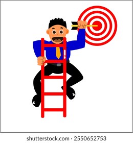 Vector businessman climbing stairs hitting bullseye archery target success laughing professional motivation achievement concept