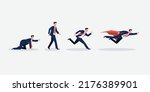 Vector of a businessman crawling - walking - running  and flying after his career goal. Concept of success and motivation.