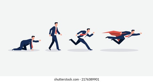 Vector Of A Businessman Crawling - Walking - Running  And Flying After His Career Goal. Concept Of Success And Motivation.