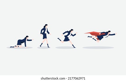Vector of a businessman crawling - walking - running  and flying after his career goal. Concept of success and motivation.