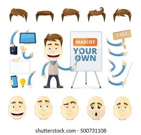 vector businessman creation kit. Cartoon business generator. Manager in different poses, emotions, and accessories. Isolate on white background