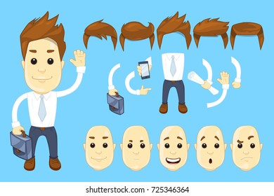 Vector businessman creation kit. Cartoon manager different poses and emotions generator. Isolated vector illustration.