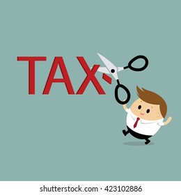 Vector of Businessman cut or reduce TAX. Business Concept Cartoon