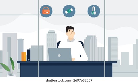 Vector de hombre de negocios en el escritorio pensando en el dinero, 
accesorios y equilibrio entre la vida laboral y personal.