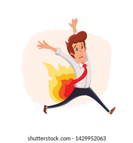 Vector Businessman does not have time to do the task. Deadline. Businessman back burns.