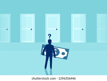 Vector of a businessman with dollar banknote thinking on financial investment opportunities standing in front of multiple doors