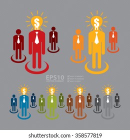 Vector : Businessman With Dollar Currency Light Bulb Head, Idea Make Money Infographics Flat Icon, Sign