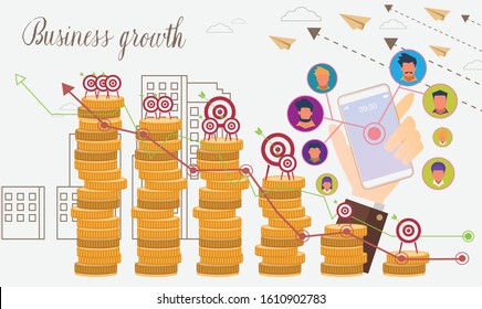 vector businessman face flat in social network and connection concept with growth and hand with mobile of business in strategy idea, illustration plan to success design with arrow and rocket paper.
