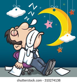 Vector Businessman falling asleep at his work, illustration  