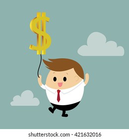 Vector of Businessman flying in the sky with dollar balloon. Business concept cartoon